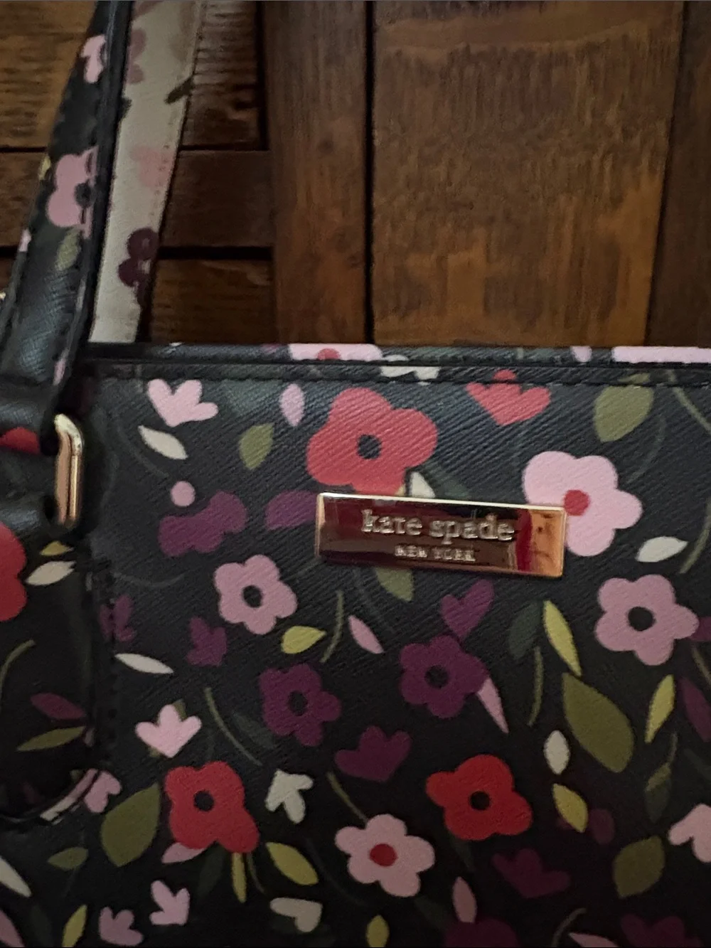 kate spade Black Floral Satchel with Pink and Red Accents